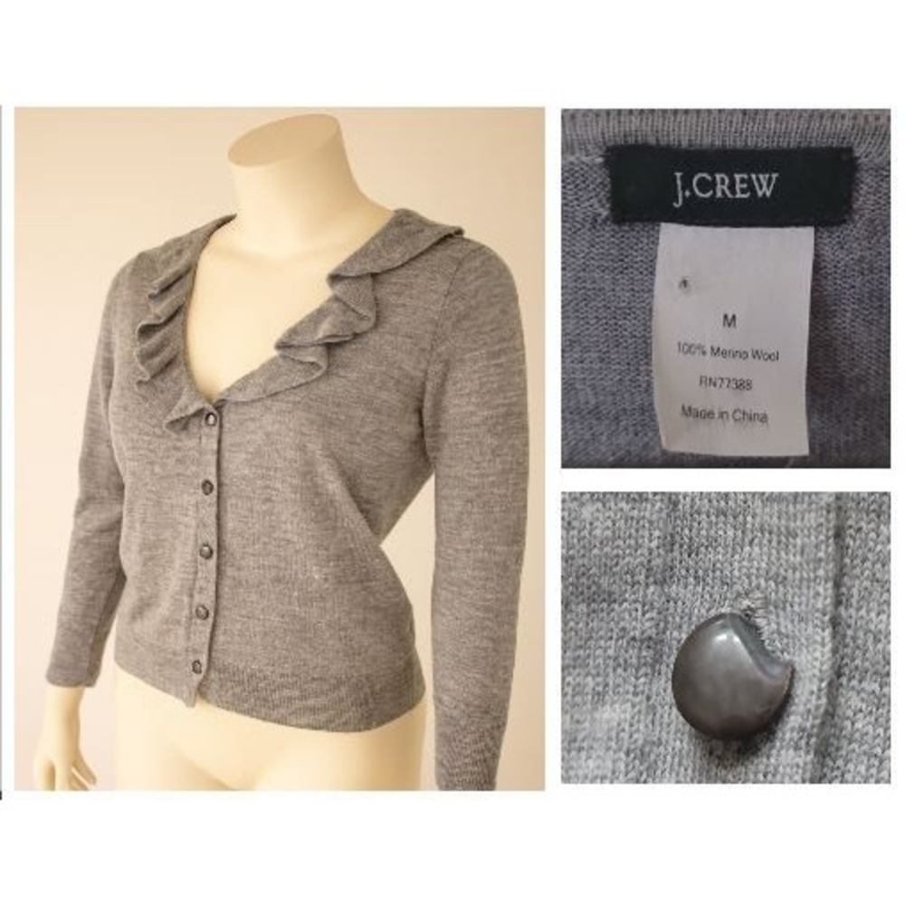 J. Crew 100% Merino Wool‎ Ruffle Cardigan Sweater Gray Size M Preppy Parisian